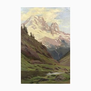 Ada GÜDER, Paysage de montagne avec vaches, 1902, Oil on Cardboard & Canvas