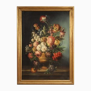 Large Still Life, Vase with Flowers, 20th-Century, Oil on Canvas