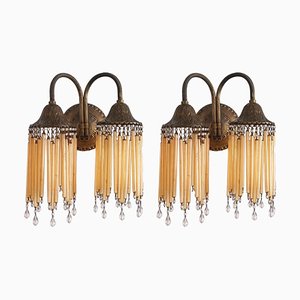 Art Nouveau Amber Acrylic Fringe Beaded Double Wall Lamps in Brass, Set of 2