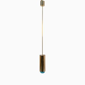 Italian Pendant Lamp in Brass and Blue Art Glass from Ghirò Studio