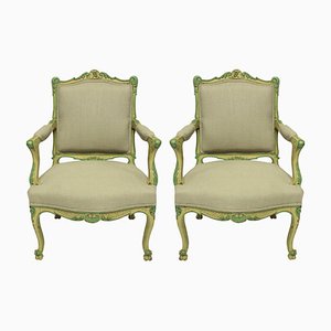 Louis XVI Style Pale Yellow and Green Armchairs, Set of 2