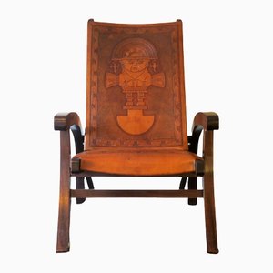 Teak and Tooled Leather Folding Chair by Angel I. Pazmino for Muebles De Estilo, 1970s