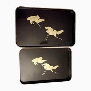 Japanese Trays in Black Resin Lacquer Effect with Gold Painted Cranes, Set of 2