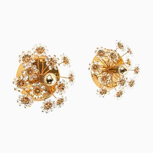 Germany Palwa Flower Wall Sconces in Faceted Crystals & Brass, 1960, Set of 2