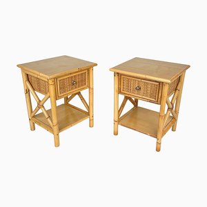 Italian Rattan Bedside Tables in Bamboo and Wood, 1980s
