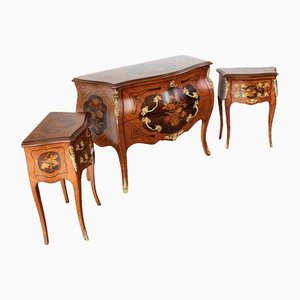 Louis XV Dresser and Bedside Tables with Baroque Style Inlays, Set of 3