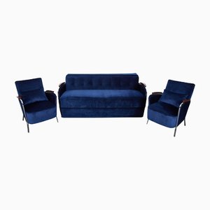 Mid-Century Bauhaus Style Blue Velvet Sofa by József Pereszegi, 1958, Set of 3