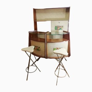 Mobile Bar With Wood & Glass Brass Stools, Italy, 1950s, Set of 4