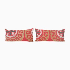 Vintage Red Uzbek Suzani Pillow Cases, Set of 2
