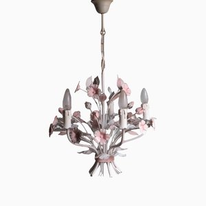 Lámpara de araña Toleware italiana vintage con motivos florales, años 60