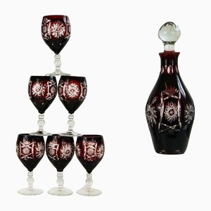 Bohemian Cut to Clear Ruby Red Decanter and Six Glasses, Set of 8