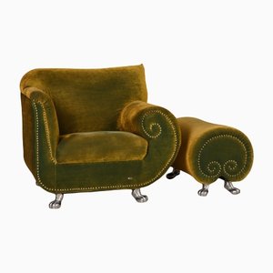 Green Velvet Armchair and Pouf by Bretz Gaudi, Set of 2