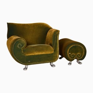 Green Velvet Armchair and Pouf by Bretz Gaudi, Set of 2