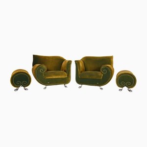 Green Velvet Armchairs and Poufs by Bretz Gaudi, Set of 4
