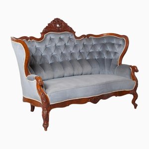Victorian Ornate Blue Mahogany Sofa
