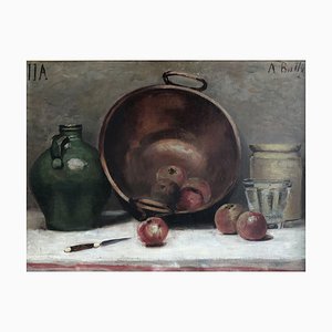 A. Bally, Nature morte au cuivre, poterie et pommes, 1911, Oil on Cardboard