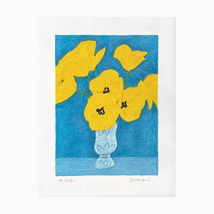 Lithographie Pierre Boncompain, Tulipes Jaunes Au Vase Bleu, sur Papier Arches