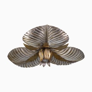 Italian Golden and Silver Colored Palm Leaf Four-Light Ceiling Lamp, 1960s