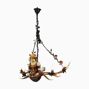 German Lusterweibchen Four-Light Chandelier with Carved Mermaid Figure and Antlers