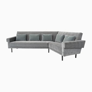 Mid-Century Modern American Style Sofa aus bleigrauem Stoff mit Feder & Samt Kissen, 1960er