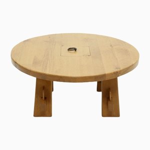 Round Brutalist Solid Oak Coffee Table, 1970s