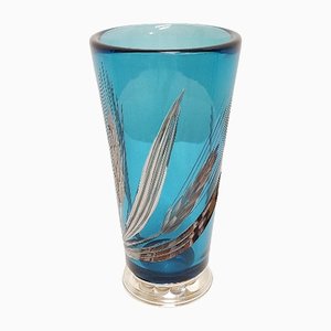 Jarrón de vidrio azul y plateado, años 50