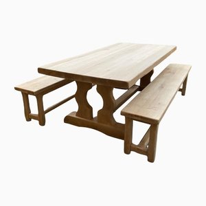 Oak Farmhouse Table with 2 Benches, Set of 3