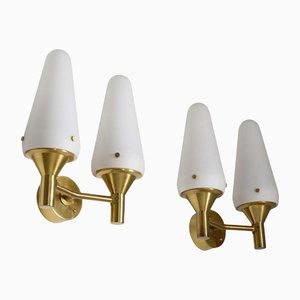 Mid-Century Swedish Wall Lights in Brass and Glass, Set of 2