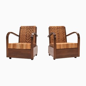 Poltrone Art Déco in teak e canna, anni '20, set di 2