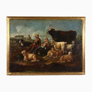 Landscape with Shepherds and Herds, Oil on Canvas, Framed