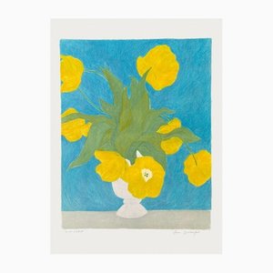 Pierre Boncompain, Tulipes Jaunes Au Fond Bleu, Litografia su carta Arches