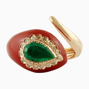 Rose Gold Snake Shaped Ring with Diamonds Emerald Red Coral
