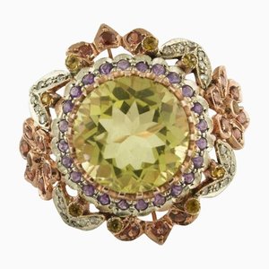 Rose Gold and Silver Ring with Diamonds Amethysts Yellow Topazes