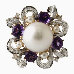 Weißgold Ring mit Diamanten Amethyst Perle