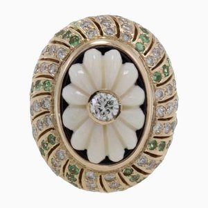 Cluster Gold Ring with Diamonds Tsavorite Coral