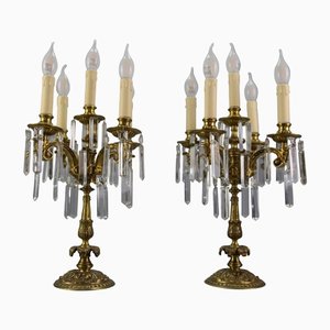 French Louis XVI Style Bronze and Crystal Candelabra Table Lamps, Set of 2