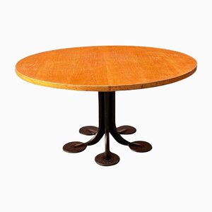 Modern Italian Round Table in Oak and Black Metal by Tobia Scarpa for Unifor, 1980s