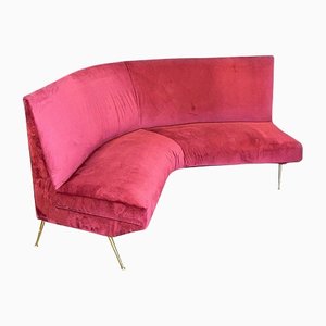 Mid-Century Italian Modern Cherry Colored Velvet & Brass Legs Curved Sofa, 1950