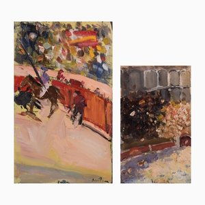 Impressionist Sketches of a Bullfight, 20th-Century, Oil on Board, Set of 2