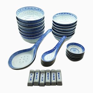 Chinese Jingdezhen Linglong Blue Porcelain Rice Grain Bowl & Spoon Set, Set of 32