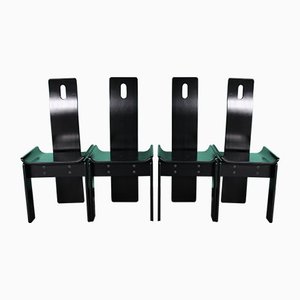Italian High Back Lacquered Black Dining Chairs, 1970s, Set of 4