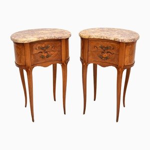 Antique French Marble Top Kidney Bedside Tables, Set of 2