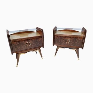 Italian Walnut Nightstands with a Golden Back-Painted Glass Top, Set of 2