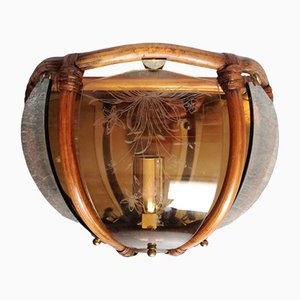 Rattan and Smoked Glass Sconce, France, 1970s