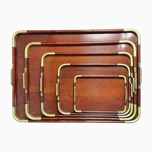 Art Deco Mahogany Wooden Trays With Brass Handles, 1920s, Set of 5