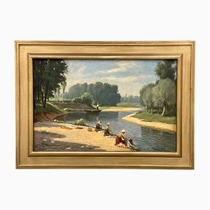 Giulio Vanzaghi, Women by River, 1960s, Oil on Canvas, Framed