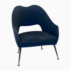 Italian Blue Fabric and Brass Armchair, 1950s