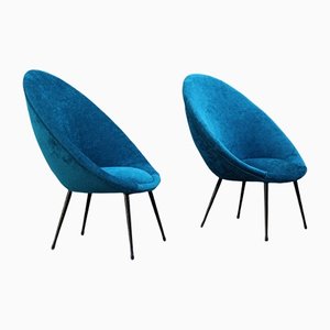 Set of Small Italian Blue Velvet Black Stiletto Metal Egg Chairs, 1950s