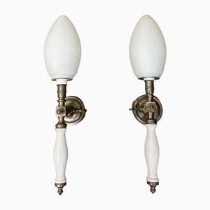 Antique Gas Wall Lamps in Porcelain and Opaline Glass, 1900s, Set of 2