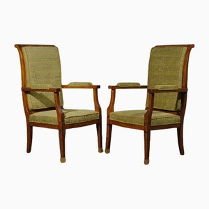 Mid-Century Walnut Brass & Velvet Armchairs, 1950, Set of 2
